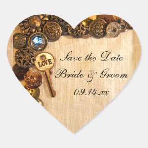 Rustic Buttons Bröllop spara datum Sticker Hjärtformat Klistermärke