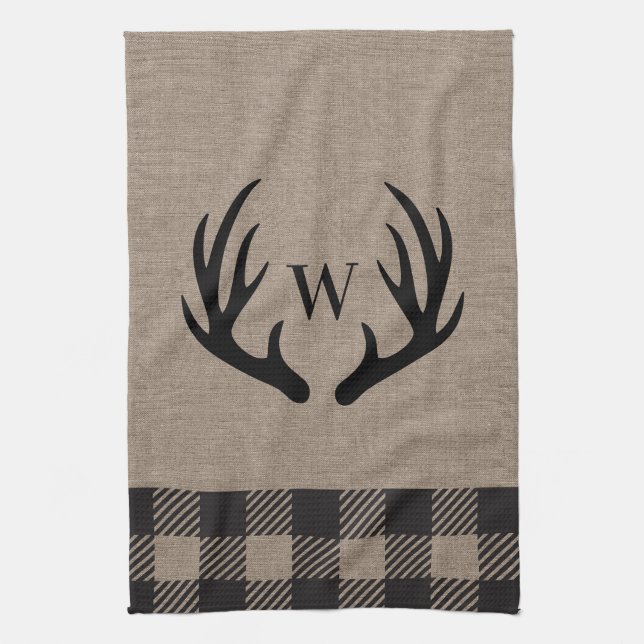 Rustic Cabin Lodge Antlers Monogrammed Hand Towel Kökshandduk (Vertikal)