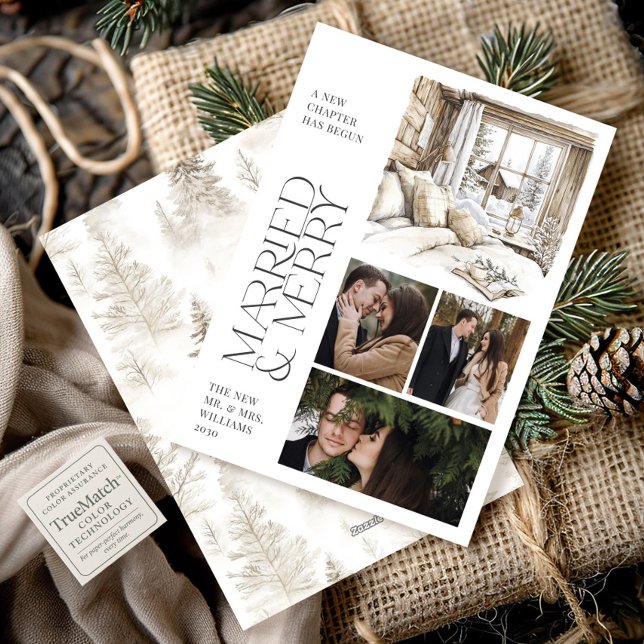 Rustic Cabin Married & Merry Collage Photo Helgdag Julkort (Skapare uppladdad)