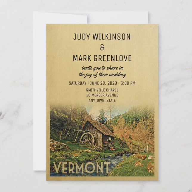 Rustic Cabin Mill - inbjudan till Vermont Wedding (Framsida)