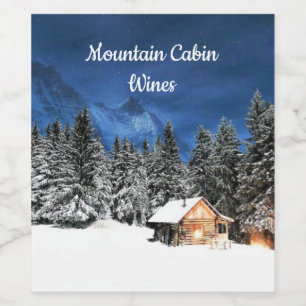 Rustic Cabin Mountain View Vinflaska Etikett