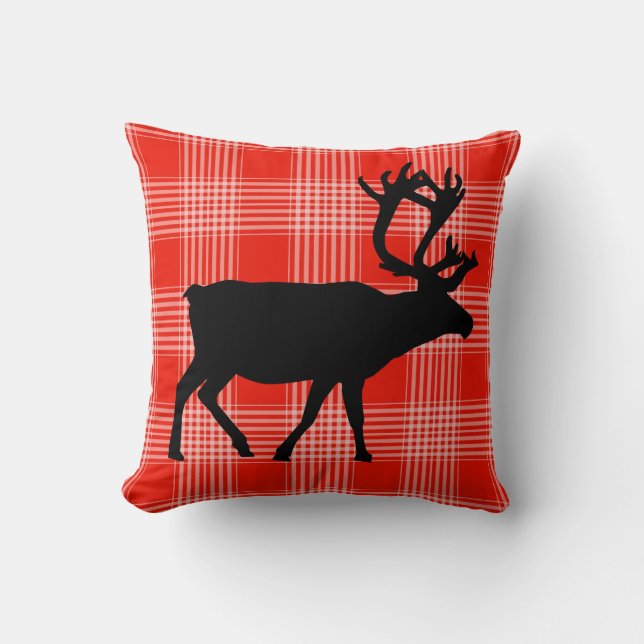 RUSTIC CABIN PILLOW, RED CHECK HJORT ELK KUDDE (Framsida)