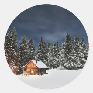 Rustic Cabin Snö Winter Runt Klistermärke
