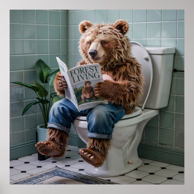 Rustic Cabin Vibes: Superskojet Bear Bathroom Déco Poster (Framsidan)