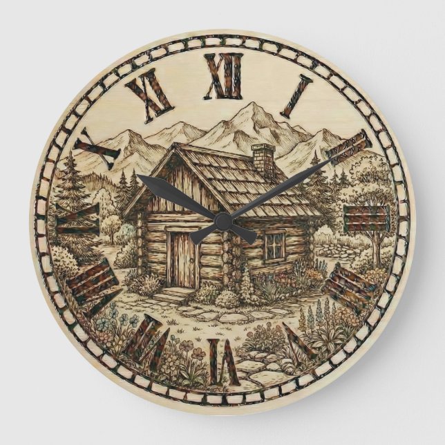 Rustic Cabin Wall Clock – Mountain Lodge style  Stor Klocka (Framsida)