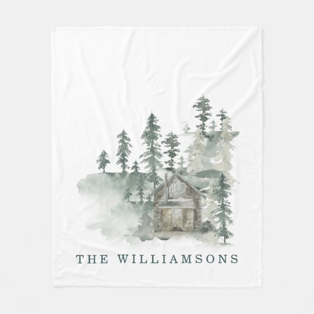 Rustic Cabin Watercolor Forest Grönt Family Namn  Fleecefilt (Framsidan)