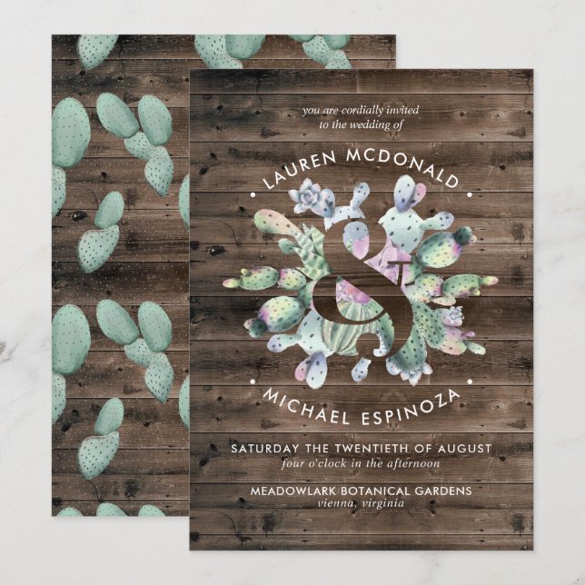 Rustic Cactus & Barnwood bröllopsinbjudan Inbjudningar (Fram/baksida)