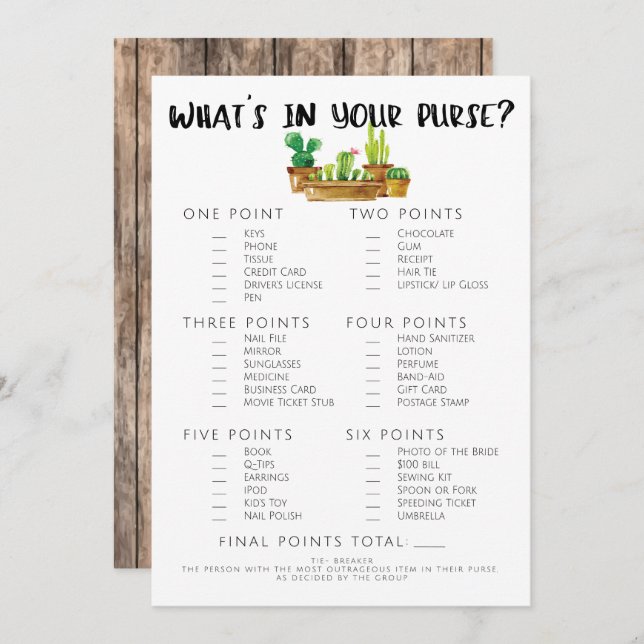 Rustic Cactus Möhippa-Purse Inbjudningar (Fram/baksida)