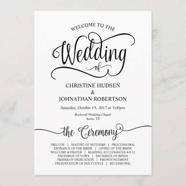 Rustic Calligraphy, Black font, Bröllop Ceremony Program (Framsida)