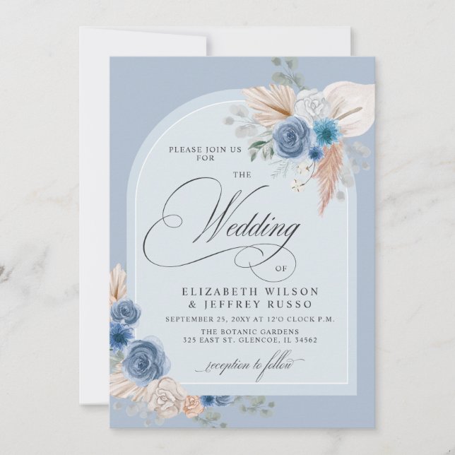 Rustic Calligraphy Boho Dusty Blue Pampas Bröllop Inbjudningar (Framsida)