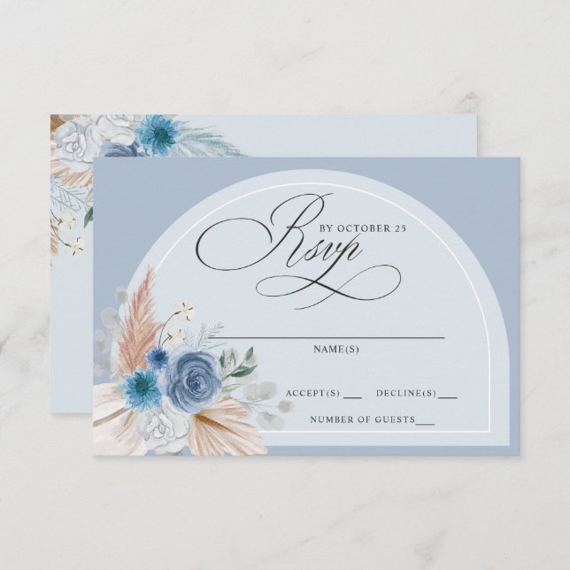 Rustic Calligraphy Boho Dusty Blue Pampas Bröllop OSA Kort (Fram/baksida)
