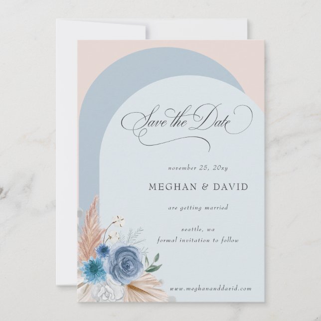 Rustic Calligraphy Boho Dusty Blue Pampas Spara Datumet (Framsida)