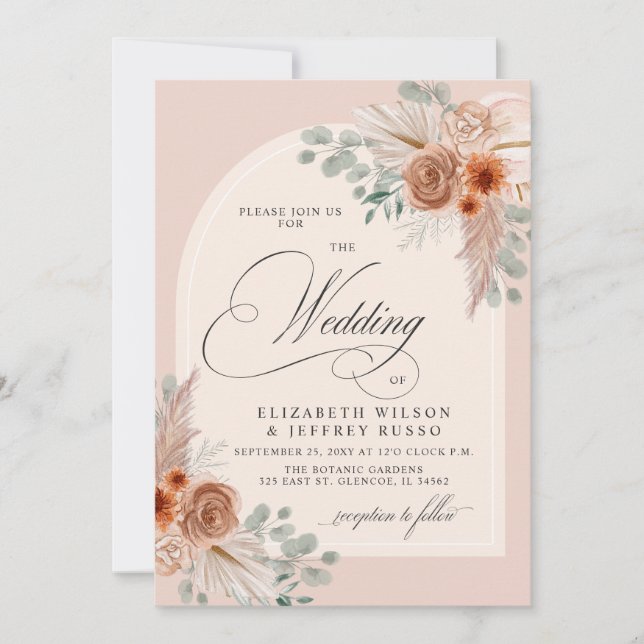 Rustic Calligraphy Boho Terracotta Pampas Bröllop Inbjudningar (Framsida)