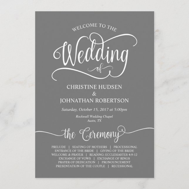 Rustic Calligraphy, Grått font, Bröllop Ceremony Program (Framsida)