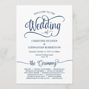 Rustic Calligraphy, Navy Blue, Bröllop Ceremony Program