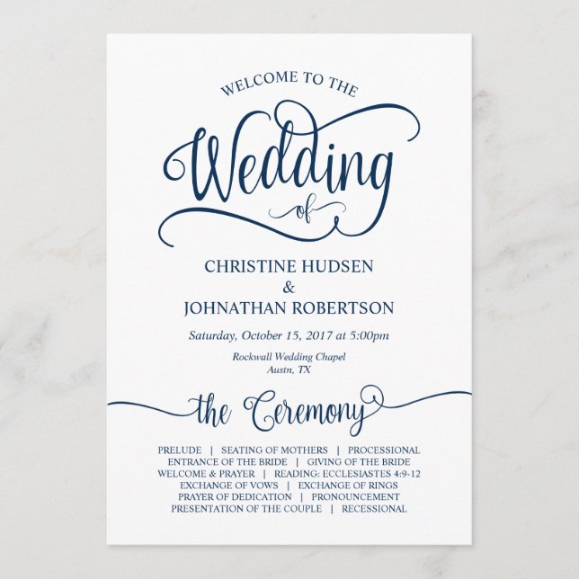 Rustic Calligraphy, Navy Blue, Bröllop Ceremony Program (Framsida)