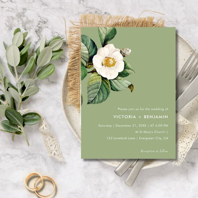Rustic Camelia Blommigt Sage Minimal Simple Bröllo Inbjudningar (Chic Bolder Color Camelia Floral Sage Wedding Invitation)