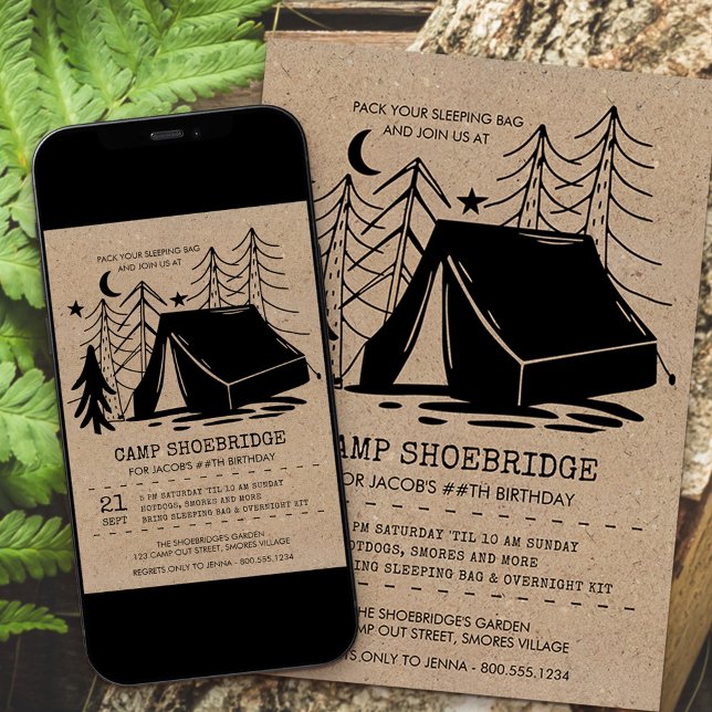 Rustic Camp Out Doodle Art Camping Birthday Inbjudningar (Skapare uppladdad)