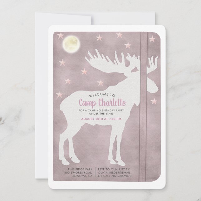Rustic Camping Birthday White Moose Dusty Rosa Inbjudningar (Framsida)