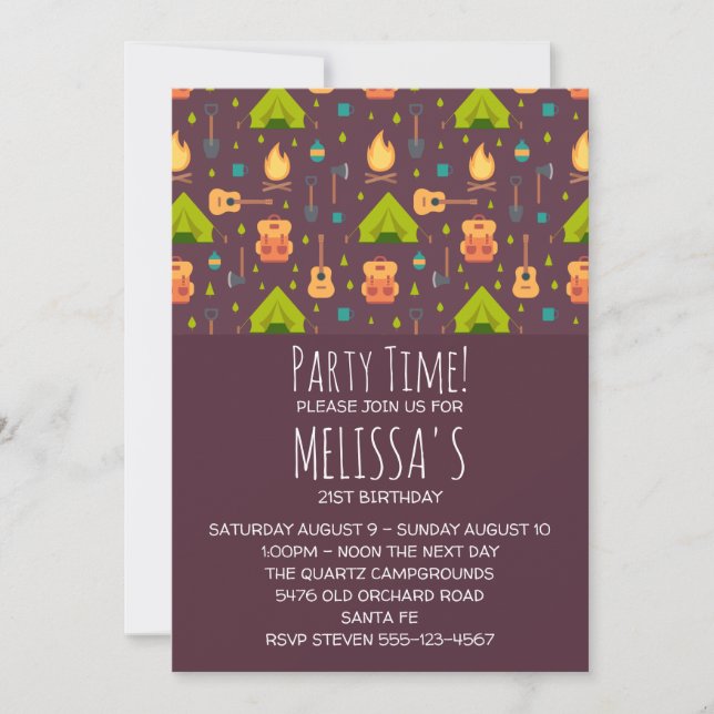Rustic Camping Mönster Tält och Guitars födelsedag Inbjudningar (Framsida)