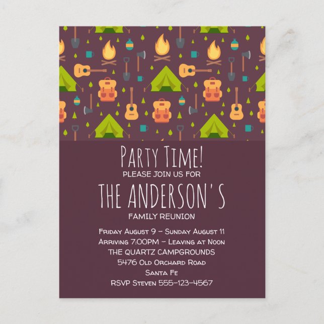 Rustic Camping Mönster Tält och Guitars Reunion Vykort (Framsida)