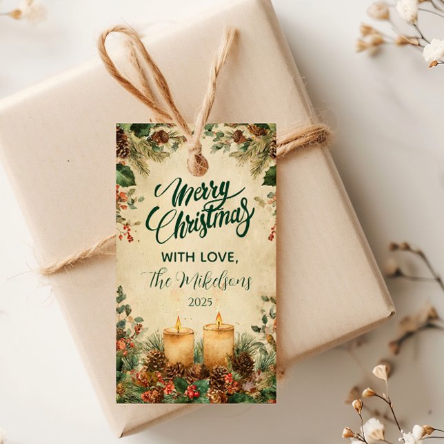 Rustic Candle Pinecone-jul Presentetikett (Skapare uppladdad)