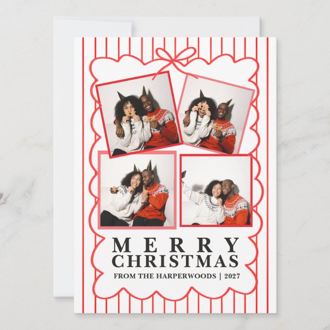 Rustic Candy Stripe 4 Foto Familj Jul Julkort (Framsida)