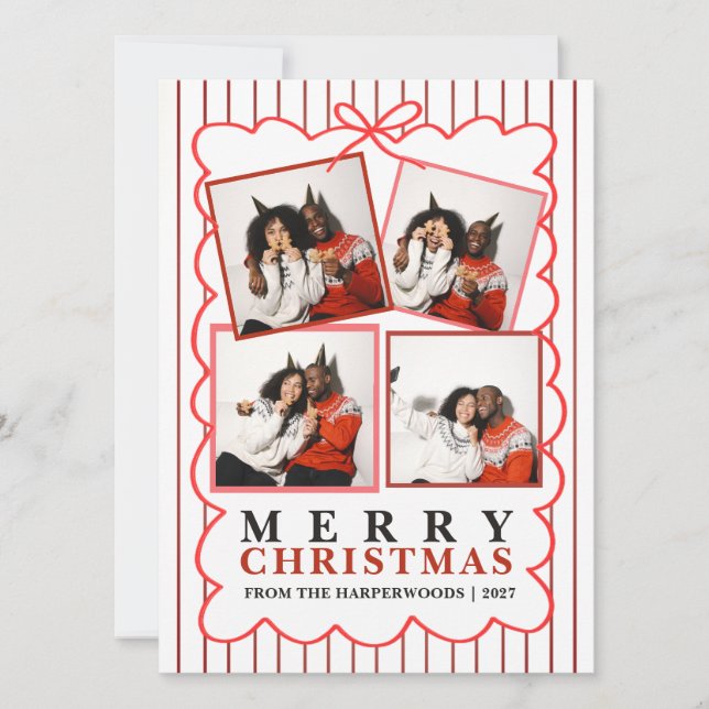 Rustic Candy Stripe 4 Foto Familjejul Julkort (Framsida)