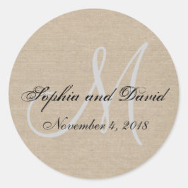 Rustic Canvas Wedding Favor Sticker Monogram Runt Klistermärke
