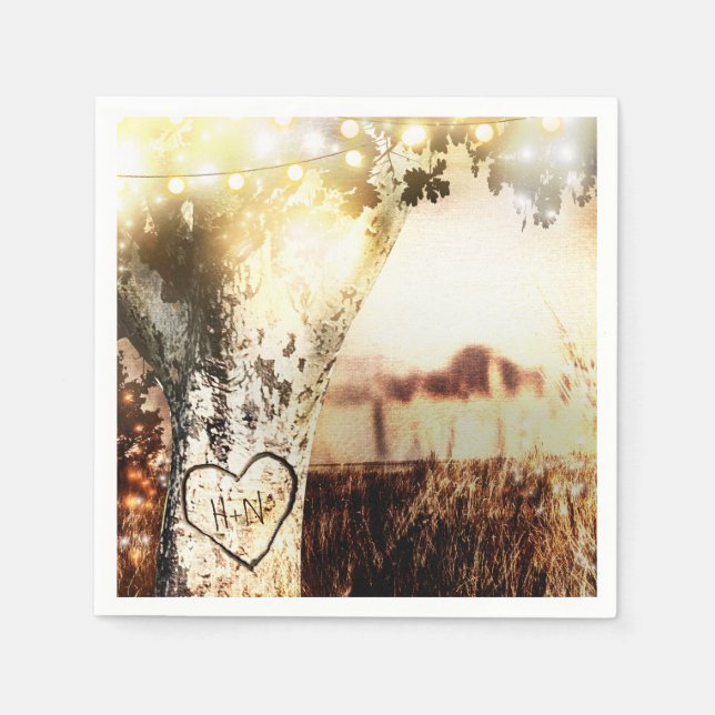 Rustic Carved Träd & String Ljus Landsbyggsbröllop Pappersservett (Framsidan)