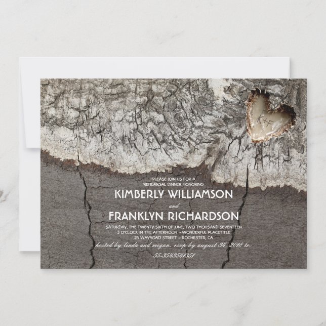 Rustic Carved Wood Heart Träd Rehearsal Middag Inbjudningar (Framsida)