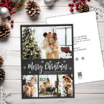 Rustic Chalkboard 4 Photo Collage jul Julkort<br><div class="desc">Rustic Minimum Chalkboard Snowflake 4 Photo Collage God jul Script Helgdag Card. Den här festliga, minimalistiska, (4) fyra fotokortsmallar har en söt fotokollage, en snöflake och säger God jul! Texten "God jul" hälsning är skriven med ett vackert, vitt, färg-handskrivet typsnitt på grått-krita eller svartbräda i mörk. På motsatt sida med...</div>
