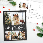 Rustic Chalkboard 4 Photo Collage jul Vykort<br><div class="desc">Rustic Minimum Chalkboard 4 Photo Collage God jul Script Helgdag Postcard. Den här sjutna, imimalistiska, fyra (4) fotokortsmallen innehåller en söt fotokollage, en snöflake och säger God jul! Texten "God jul" hälsning är skriven med ett vackert, vitt, färg-handskrivet typsnitt på grått-krita eller på färg-bakgrund med svartbräda. Söt hälsning vykort till...</div>