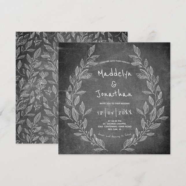 Rustic Chalkboard Black White Blommigt Weddin Inbjudningar (Fram/baksida)