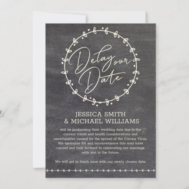 Rustic Chalkboard Corona Virus fördröjer datumkort Inbjudningar (Framsida)