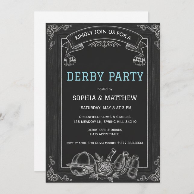 Rustic Chalkboard Derby Party Invitation Inbjudningar (Fram/baksida)
