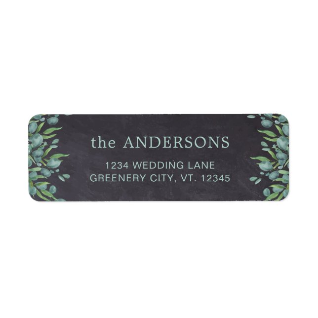 Rustic Chalkboard Eucalyptus Greenery Bröllop Returadress Etikett (Framsidan)
