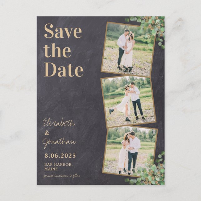 Rustic Chalkboard Greenery 3 Photo Save Date Vykort (Framsida)