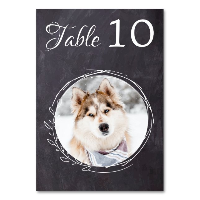 Rustic Chalkboard Greenery Hund Photo Pet Bröllop Bordsnummer (Framsidan)