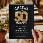 Rustic Chalkboard Guld-ballonger 50:e födelsedagen Inbjudningar<br><div class="desc">Vi firar att vi vrider 50! Dessa 50:e födelsedagsfesten inbjudan är designade med titeln "Cheers to 50 Years!". Med en rustik kalkbrädesbakgrund,  50 heliumballonger i guld,  vit trendig typografi och en enkel födelsedagsfest som är enkel att anpassa.</div>