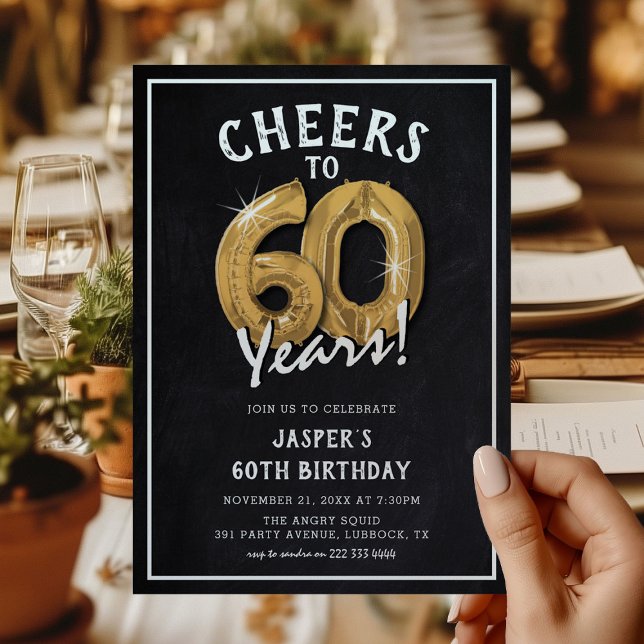 Rustic Chalkboard Guld-ballonger 60:e födelsedagen Inbjudningar (Skapare uppladdad)