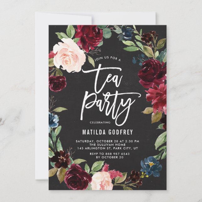 Rustic Chalkboard Hösten Blommigt Ram Tea Party Inbjudningar (Framsida)