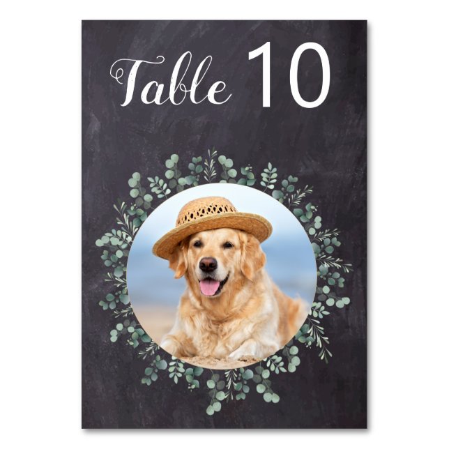 Rustic Chalkboard Hund Photo Pet Bröllop Eucalyptu Bordsnummer (Framsidan)