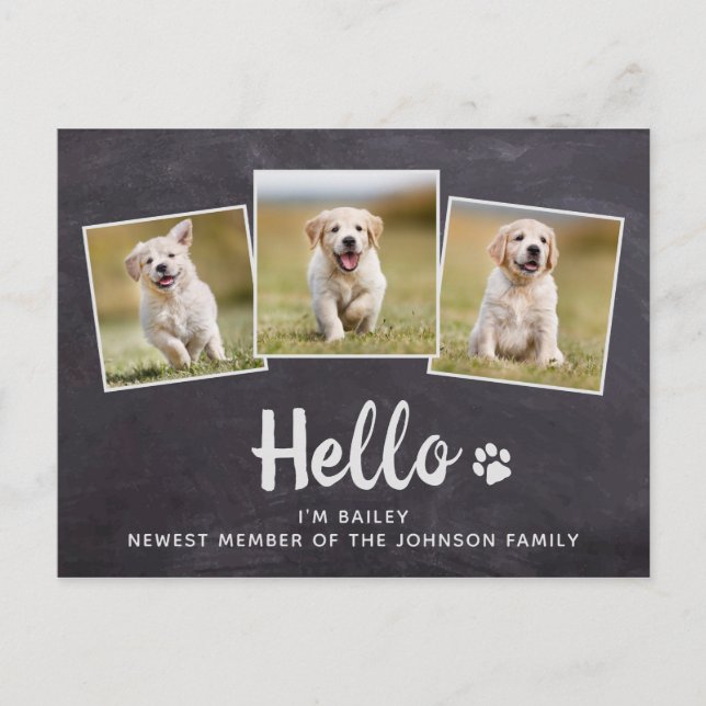 Rustic Chalkboard New Pet Photo Hej Puppy Hund Meddelande Vykort (Framsida)