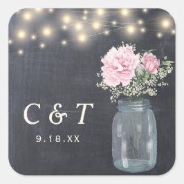 Rustic Chalkboard Peony Blommigt Mason Burk | Fyrkantigt Klistermärke