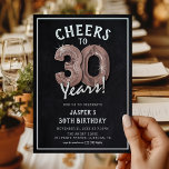 Rustic Chalkboard Ro Guld-ballonger 30års födelsed Inbjudningar<br><div class="desc">Vi firar att vi vrider 30! 30års födelsedag party är designat med titeln "Cheers to 30 Years!". Med en rustik kalkbrädesbakgrund,  30 heliumballonger från ro guld,  vit trendig typografi och en enkel födelsedagsfest som är enkel att anpassa.</div>