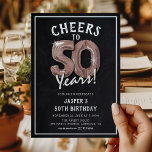 Rustic Chalkboard Ro Guld-ballonger 50:e födelseda Inbjudningar<br><div class="desc">Vi firar att vi vrider 50! Dessa 50:e födelsedagsfesten inbjudan är designade med titeln "Cheers to 50 Years!". Med en rustik kalkbrädesbakgrund,  50 heliumballonger från ro guld,  vit trendig typografi och en enkel födelsedagsfest som är enkel att anpassa.</div>