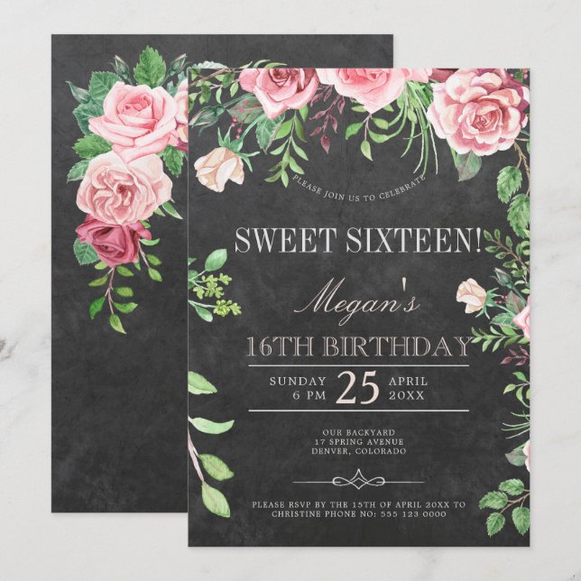 Rustic Chalkboard Rosa ros Garden Sweet sixteen Inbjudningar (Fram/baksida)