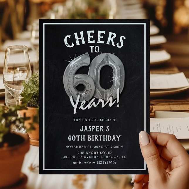 Rustic Chalkboard Silver-ballonger 60:e födelsedag Inbjudningar (Skapare uppladdad)