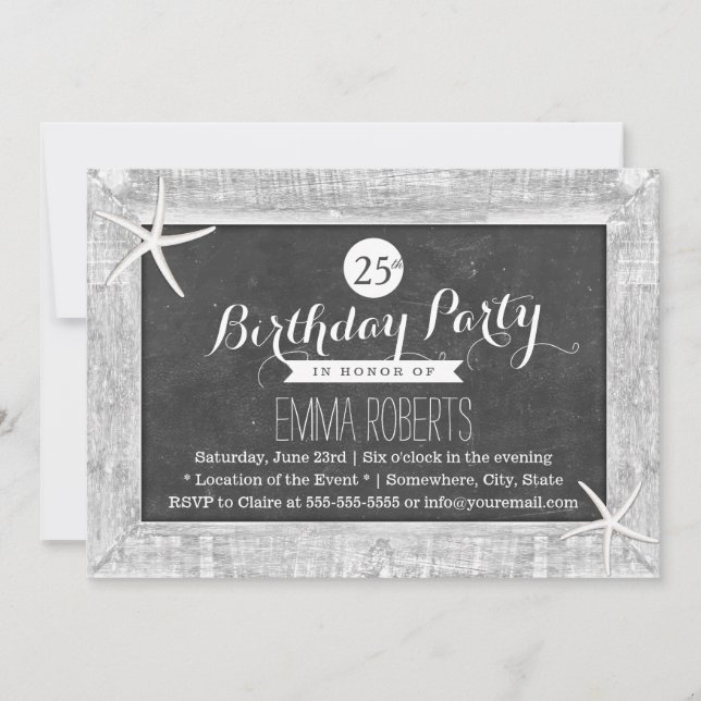 Rustic Chalkboard Wood Framed Starfish Birthday Inbjudningar (Framsida)